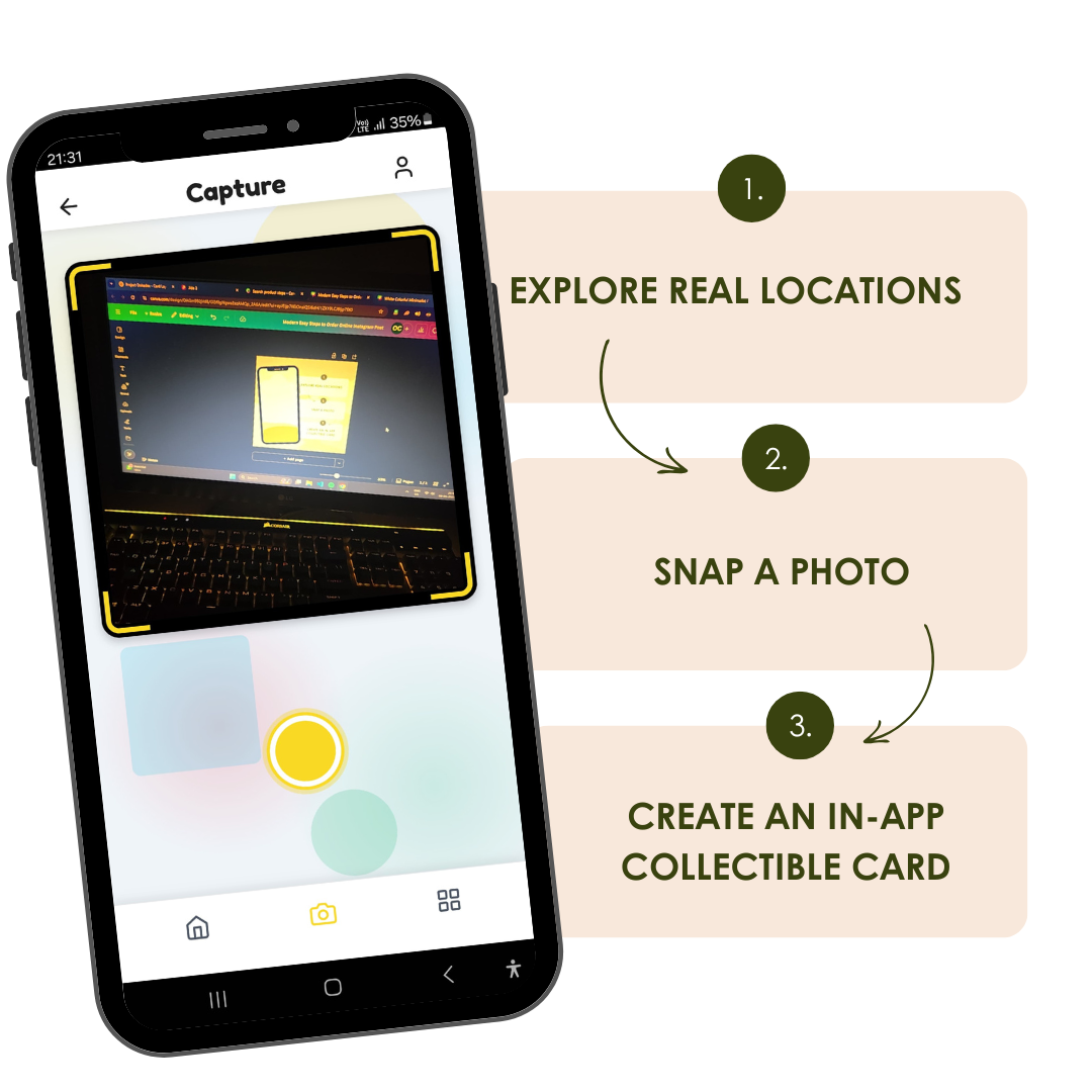 Lumee app capture screen and features like Explore Real Locations, Snap a Photo, Create an In-App Collectible Card